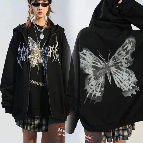 New Y2k Aesthetic Women Hip Hop Hoodies Butterfly Printed Zip-up Jacket Female Goth Harajuku Grunge Punk Streetwear Coat 1