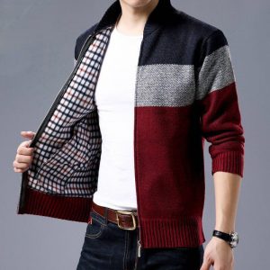 Spring Winter New Men's Cardigan Single-Breasted Fashion Knit  Plus Size Sweater Stitching Colorblock Stand Collar Coats Jackets 1