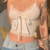 Rapcopter Y2K Lace Trim Crop Top Aesthetic White Bow Cute Sweet Mini Vest Knitted Basic Casual Tee Women Summer Backless Beach 1 19011