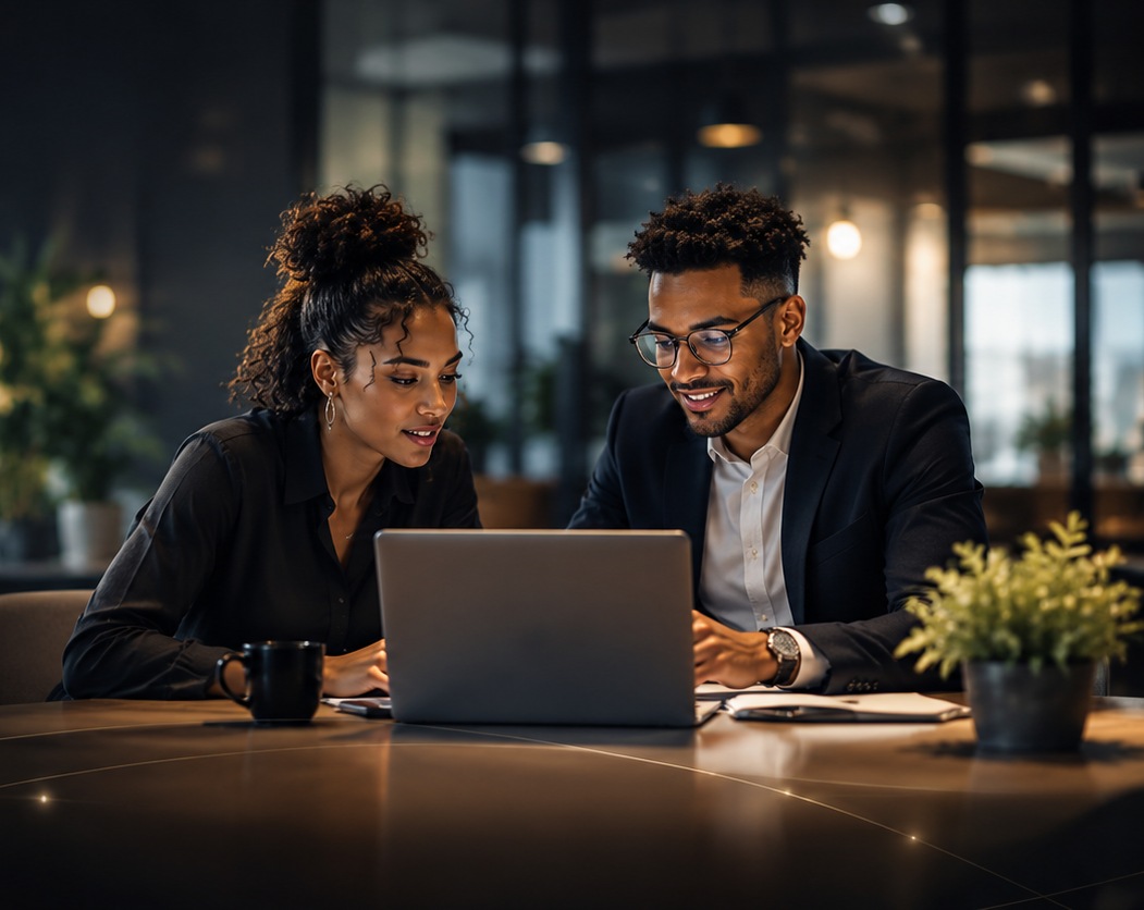 Deux entrepreneurs travaillant ensemble sur un ordinateur portable